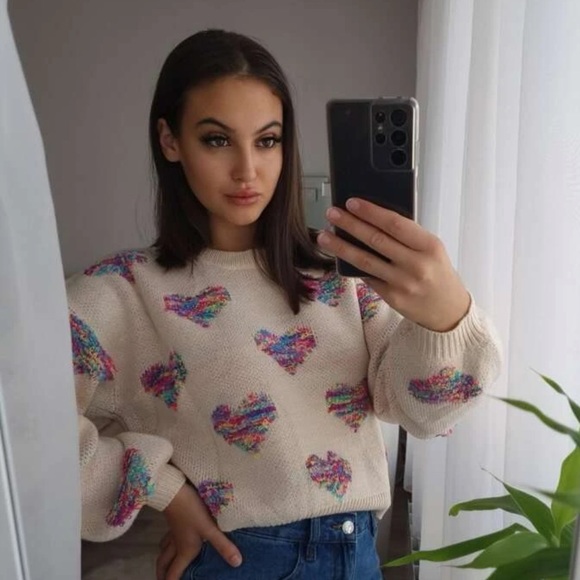 Sweater heart rainbow knit womens fuzzy cute - Picture 12 of 13